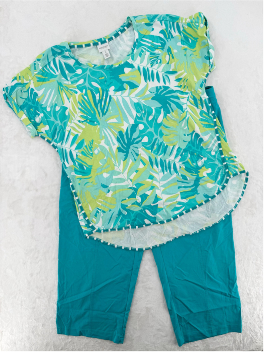 Chico’s 2 Piece Tropical Top & Capri Pants Turquoise Beachy Summer Vibe 2/Large
